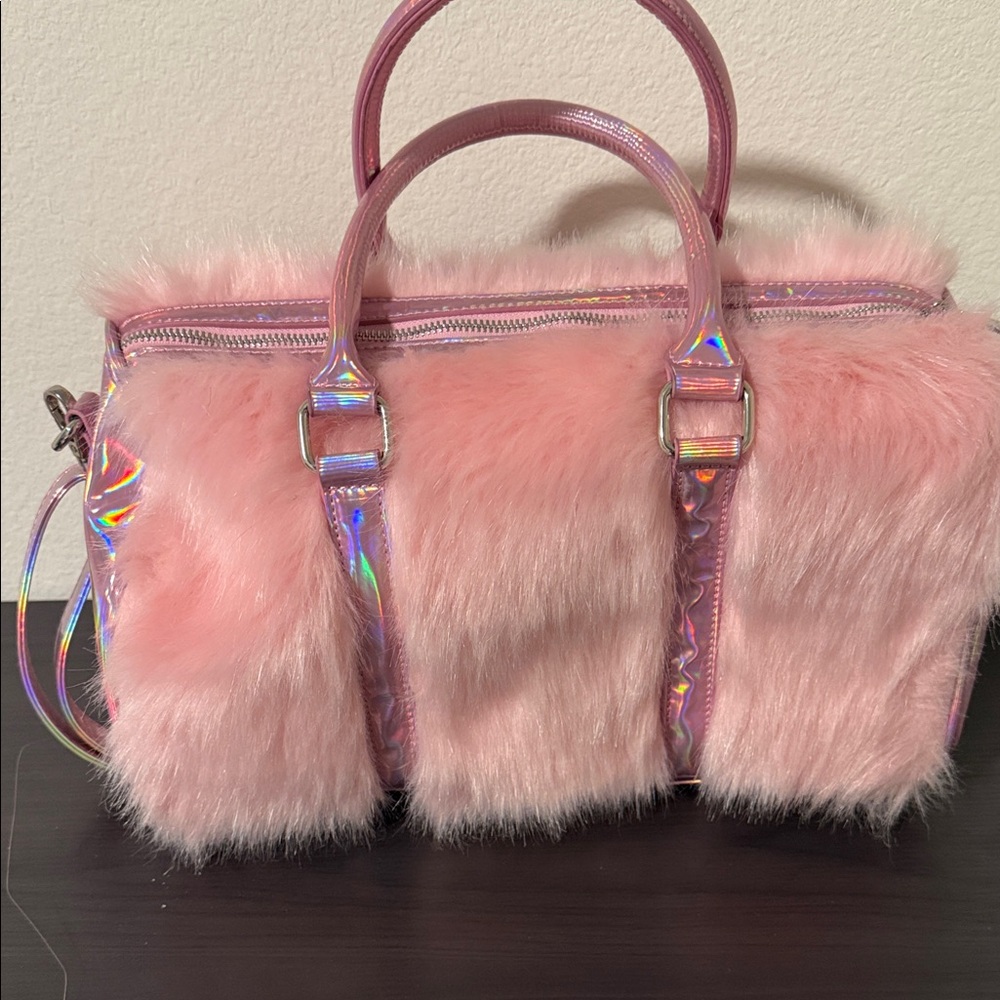 Sugar Thrillz Pink Fluffy Satchel with Iridescent Straps